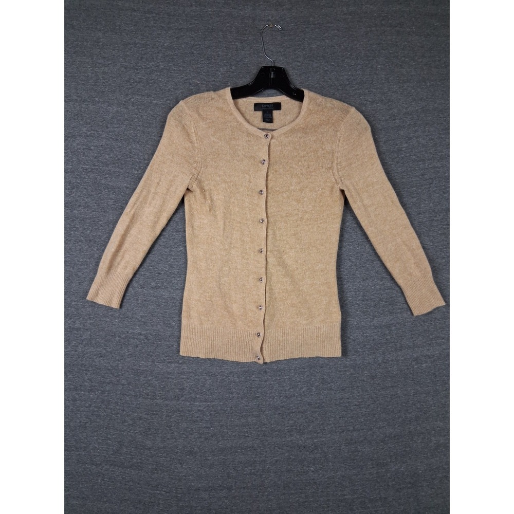 Express Womens Sweater Small Tan Angora Lambswool Cardigan Elevated Quite Luxury